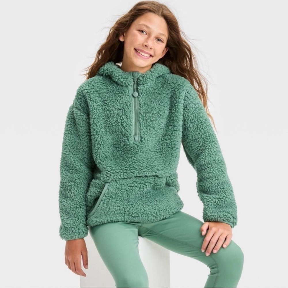 Girls All in Motion Green Warm Sherpa Hoodie Jacket Quarter Zip size XL 14
